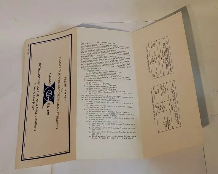 Intercontinental Life Insurance Company Newark NJ Premium Rate Cards 1970s
