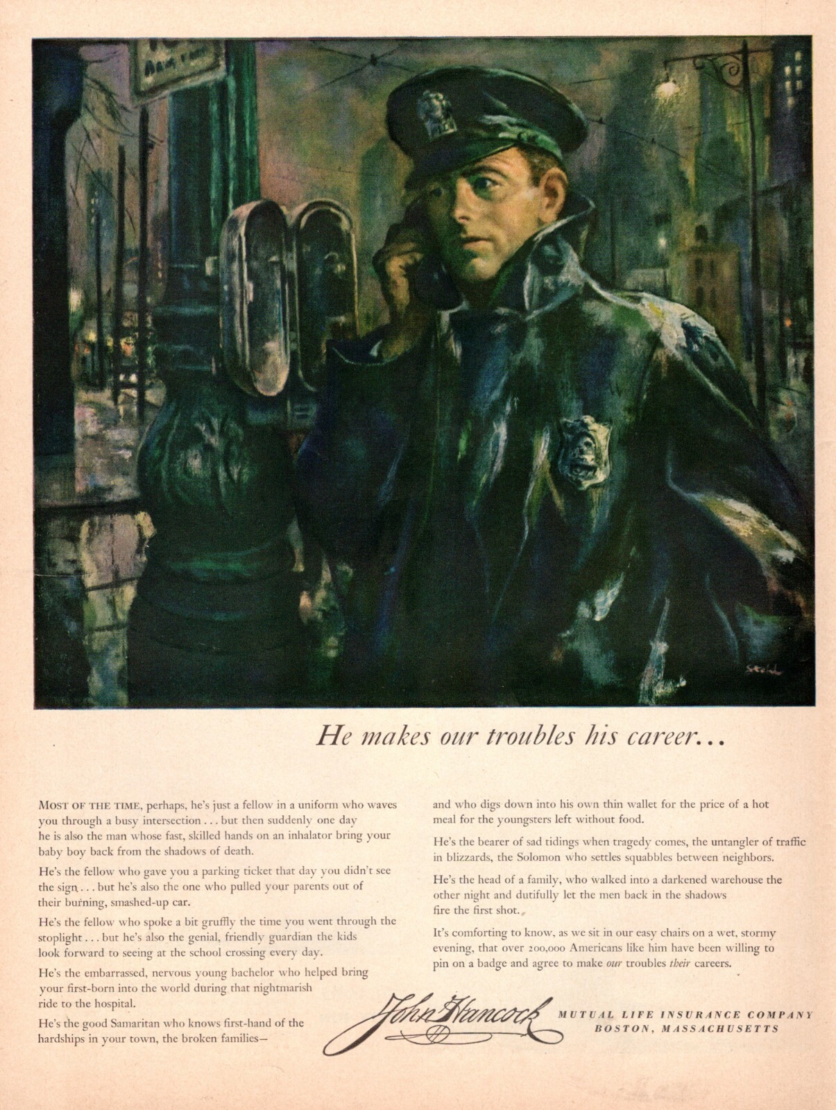 1954 AD for John Hancock Insurance, Rainy Night Cop Checks In Ben Stahl 100521