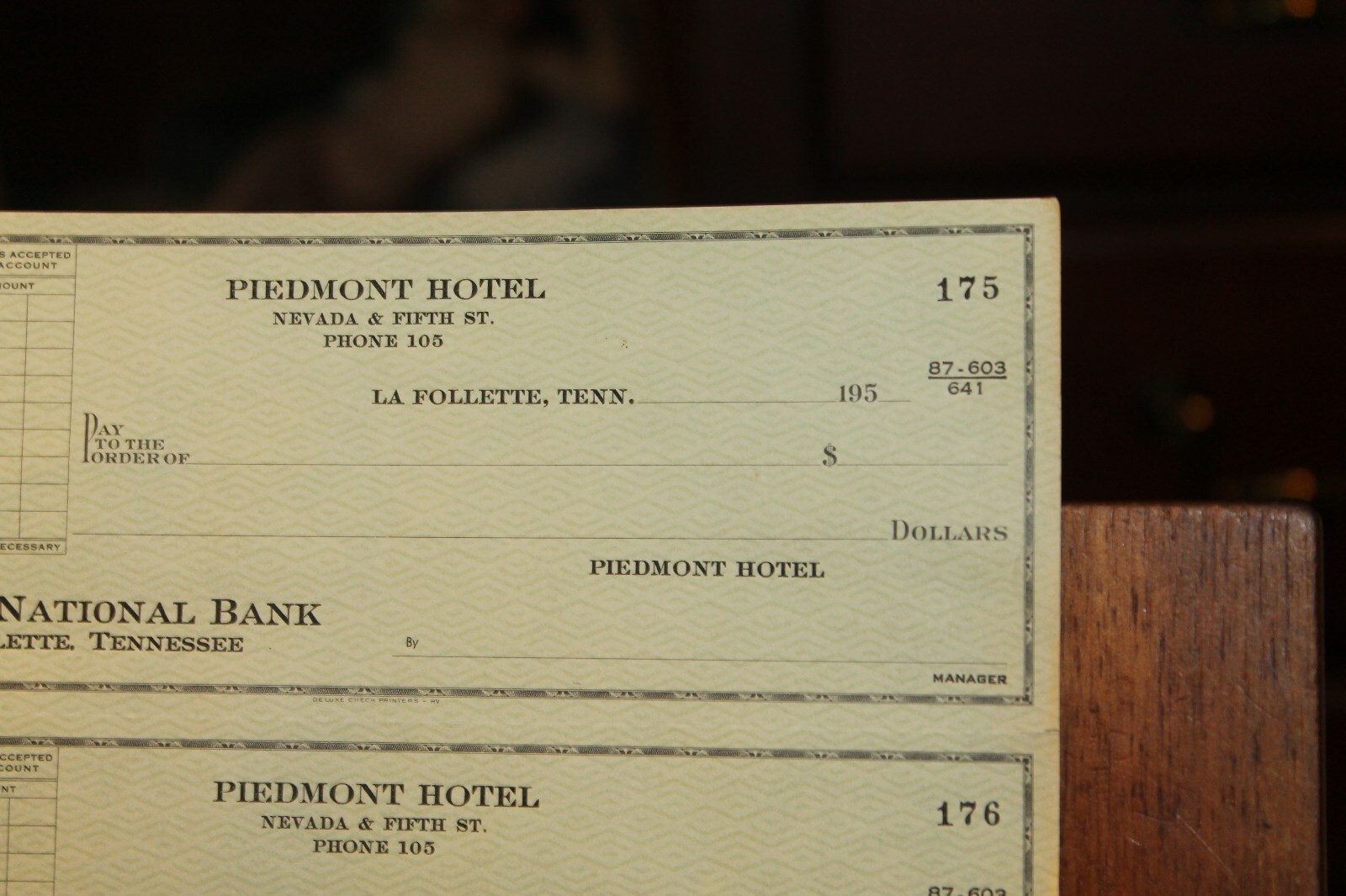 1950s Unused Check Sheet Piedmont Hotel LaFollette TN Peoples Bank Nevada 5th St