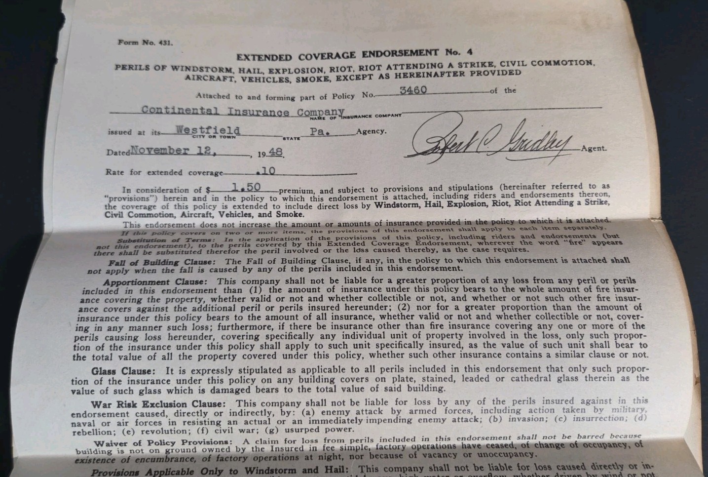1948 Continental Insurance Policy Dwelling & Jewelry Store Westfield PA Ephemera