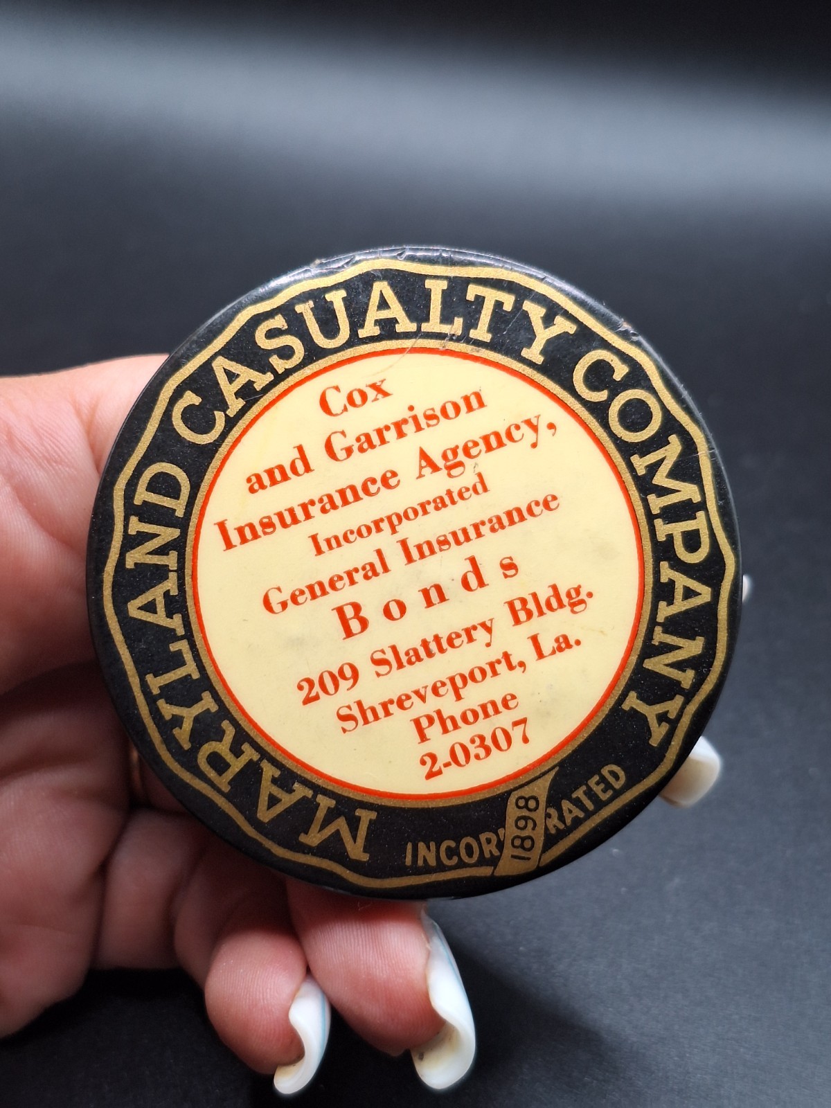 1920-30s Lima Ohio Maryland Casualty Insurance Co Celluloid & Metal Paperweight