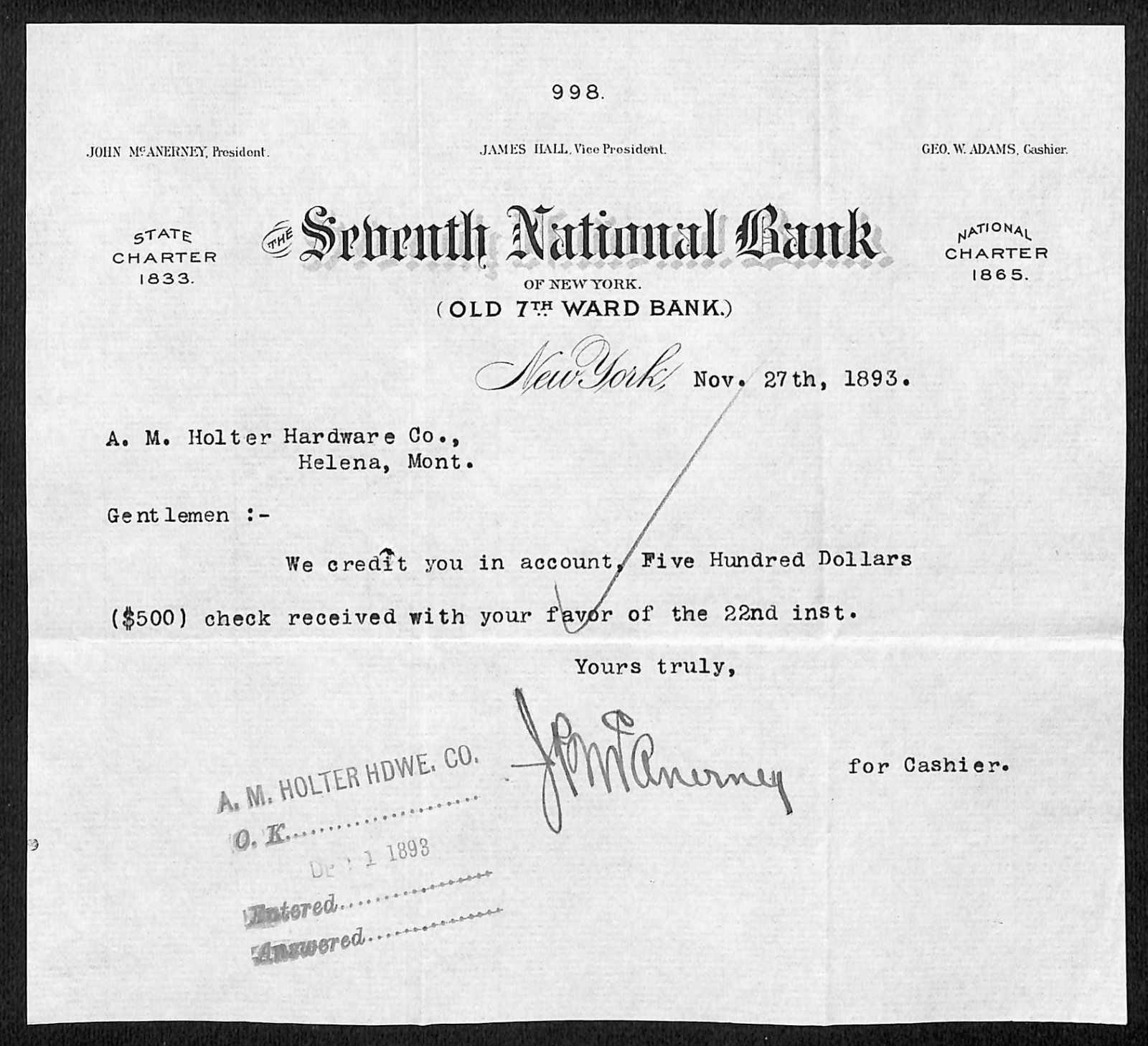 Seventh National Bank New York 1893 TLS Receipt Letterhead A.M. Holter* (#6)
