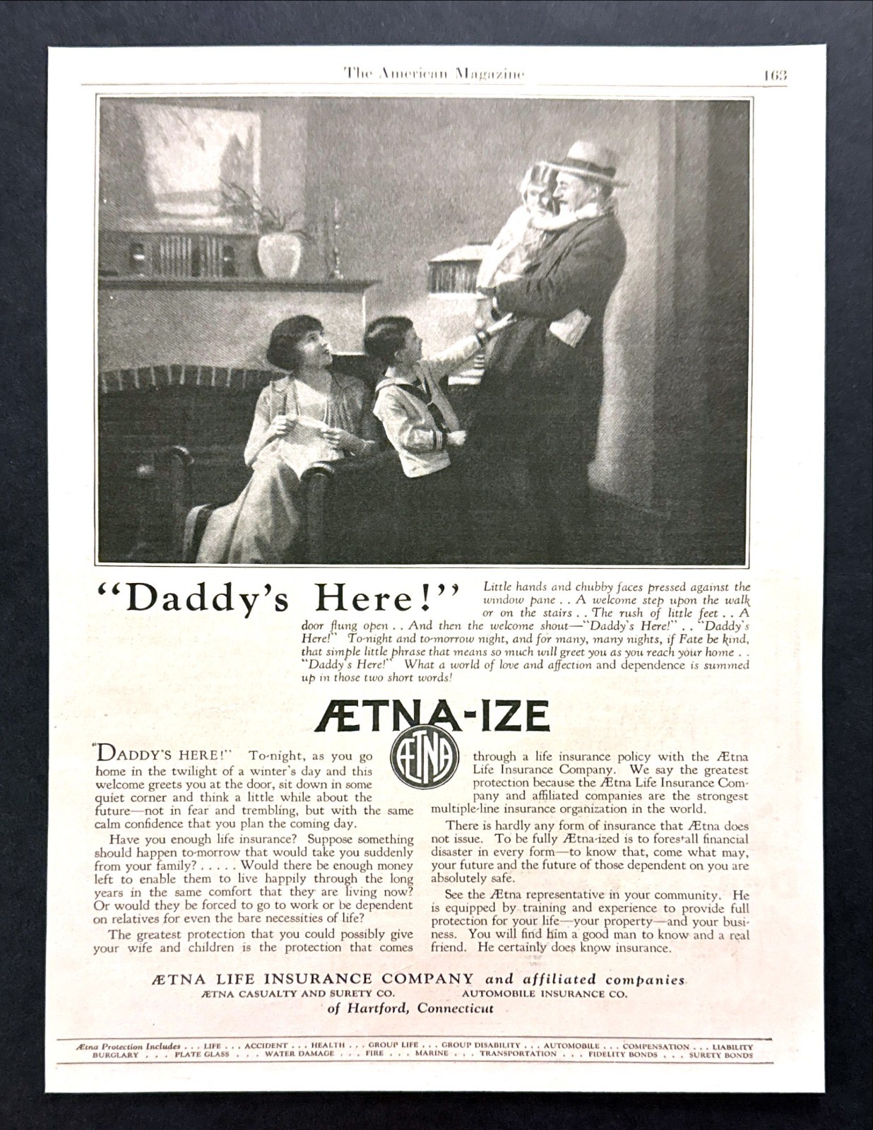 1924 Dad Coming Home photo “Aetna-Ize Your Family” Aetna Insurance print ad