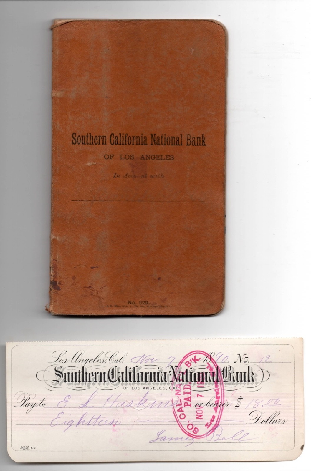 1890 Bankbook & Check belonging to James Bell Southern California Nat’l Bank
