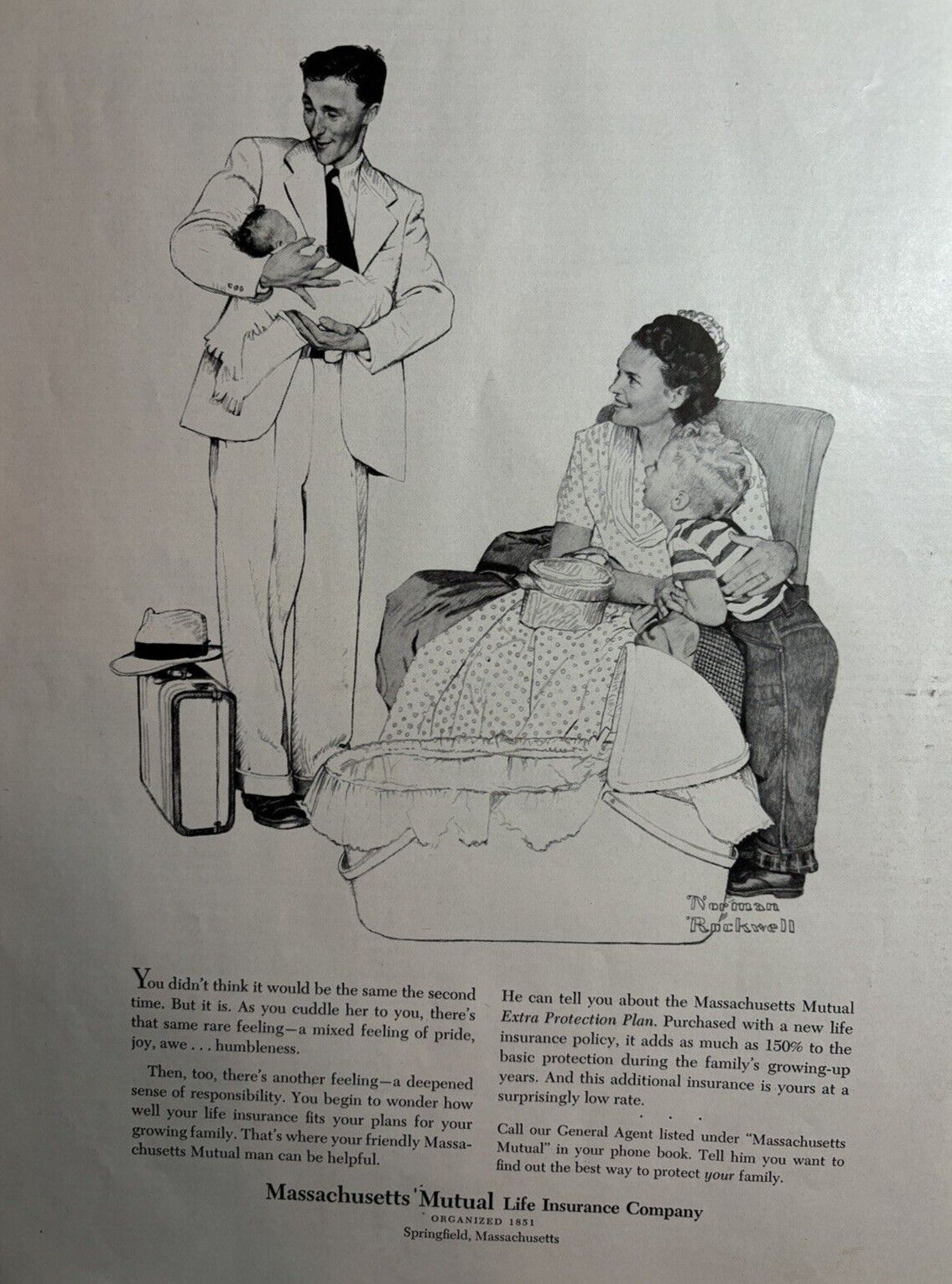 1956 Norman Rockwell Massachusetts Mutual Life Insurance Co Baby VTG Print Ad
