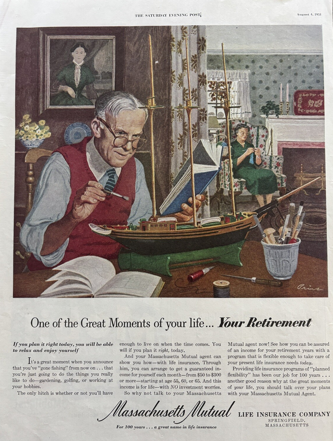 1951 Massachusetts Mutual Life Insurance Co Retirement Prins Vintage Print Ad