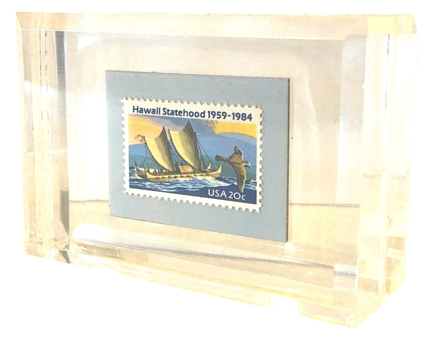 Vintage GRUNTAL & CO. Paper Weight Kapalua ’95 Hawaii Statehood Stamp In Lucite