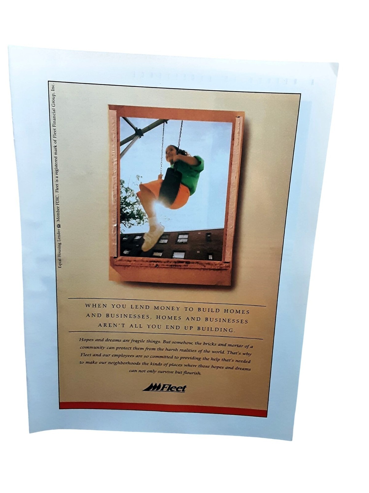 1996 Fleet Financial Swing Girl Community Banking Finance Vintage Print Ad