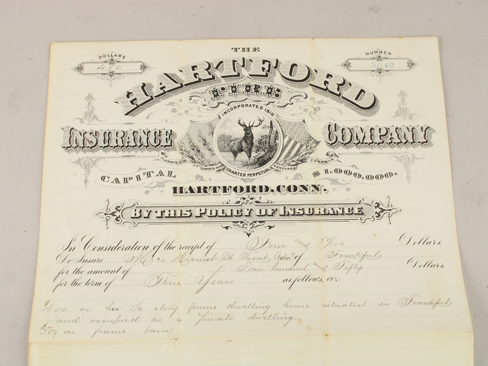 Antique 1872 Hartford Insurance Company Policy Frankfort Maine Property