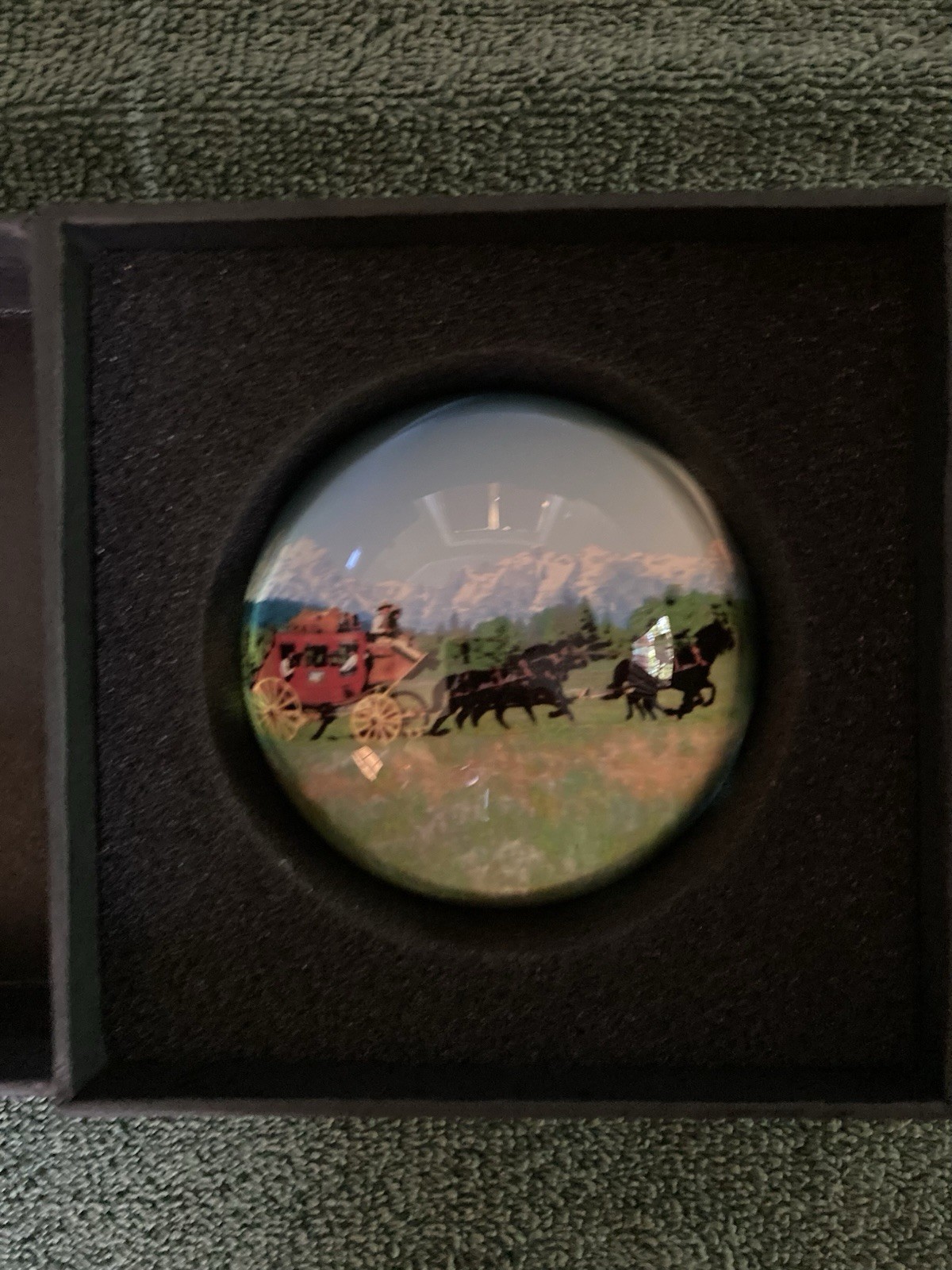 Wells Fargo Stagecoach Glass Dome Paperweight Original Box Banking Collectible