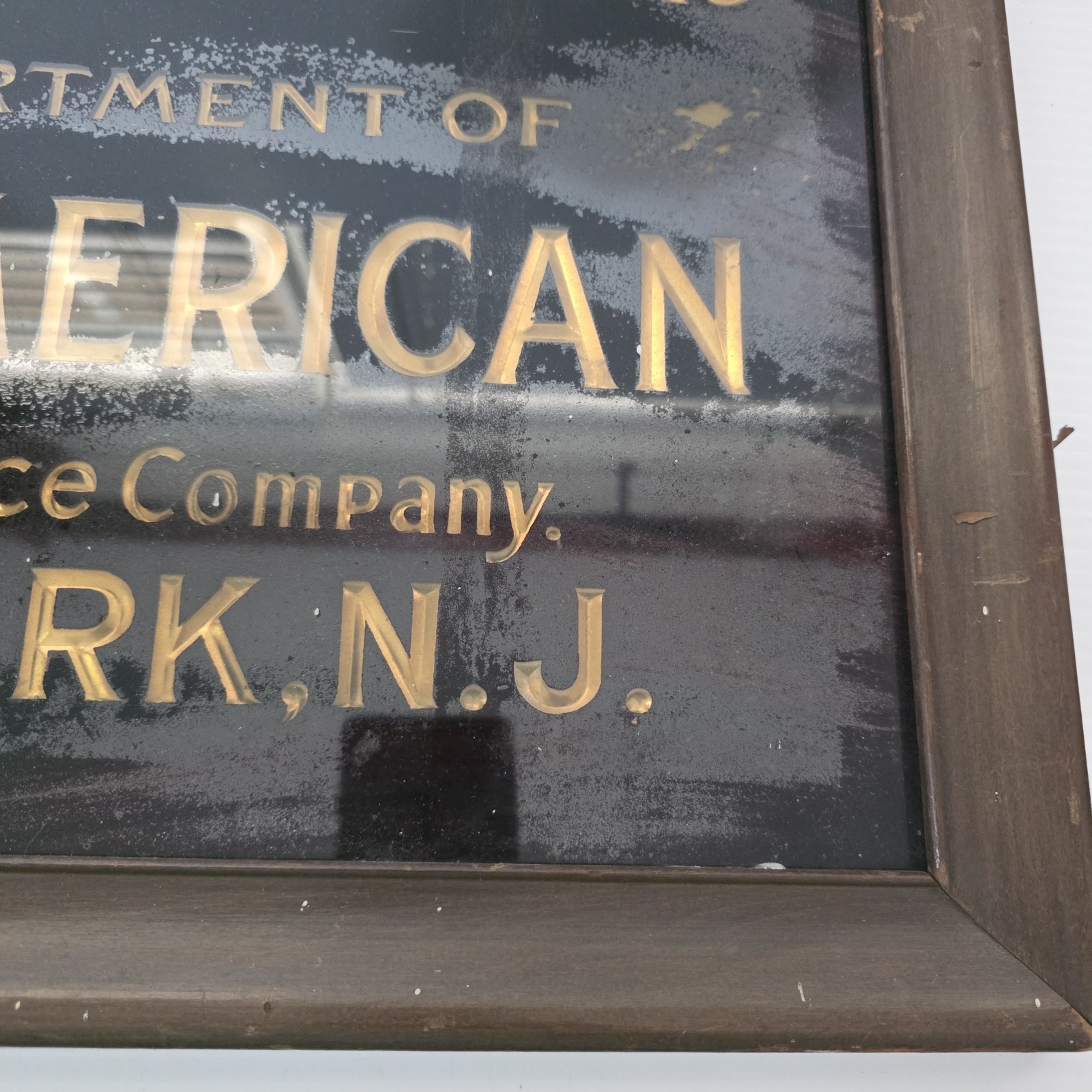 The American Insurance Company Vintage Sign Reverse Glass Painted Jersey Fire