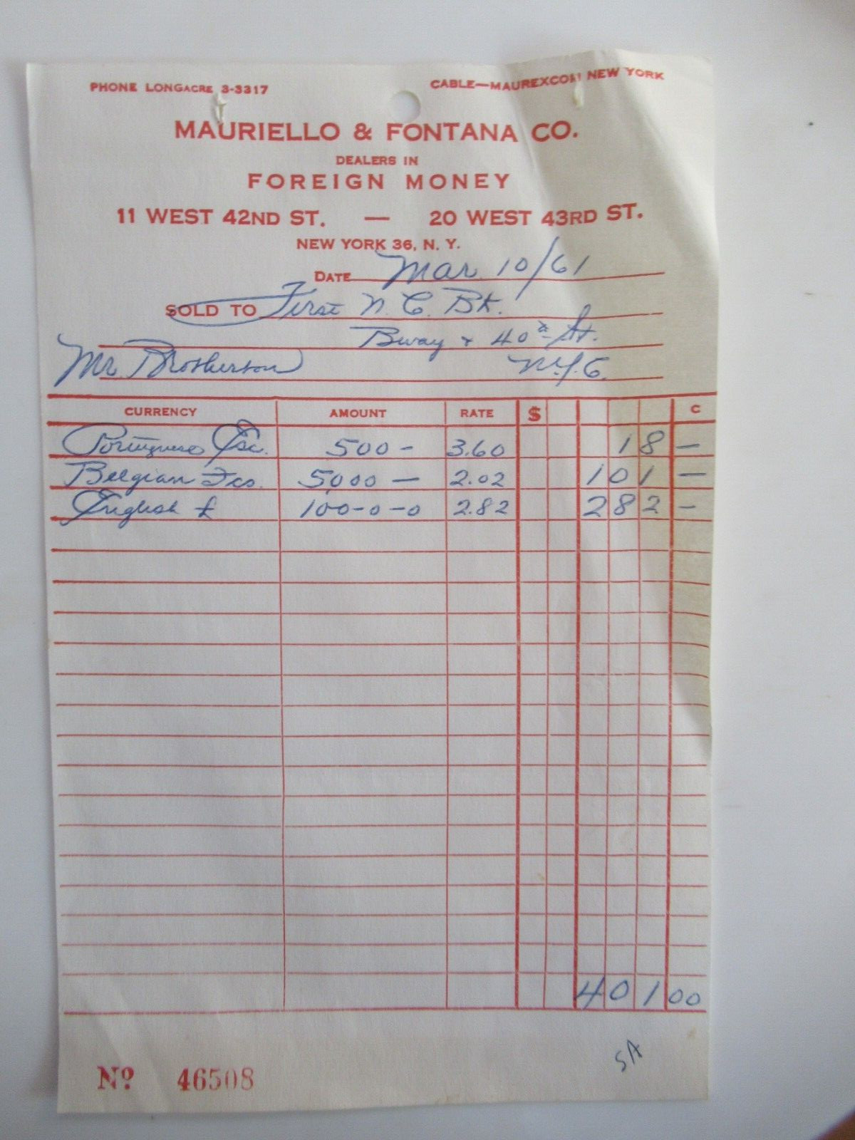 1961 Mauriello & Fontana Co. Dealers in Foreign Money Receipt – New York