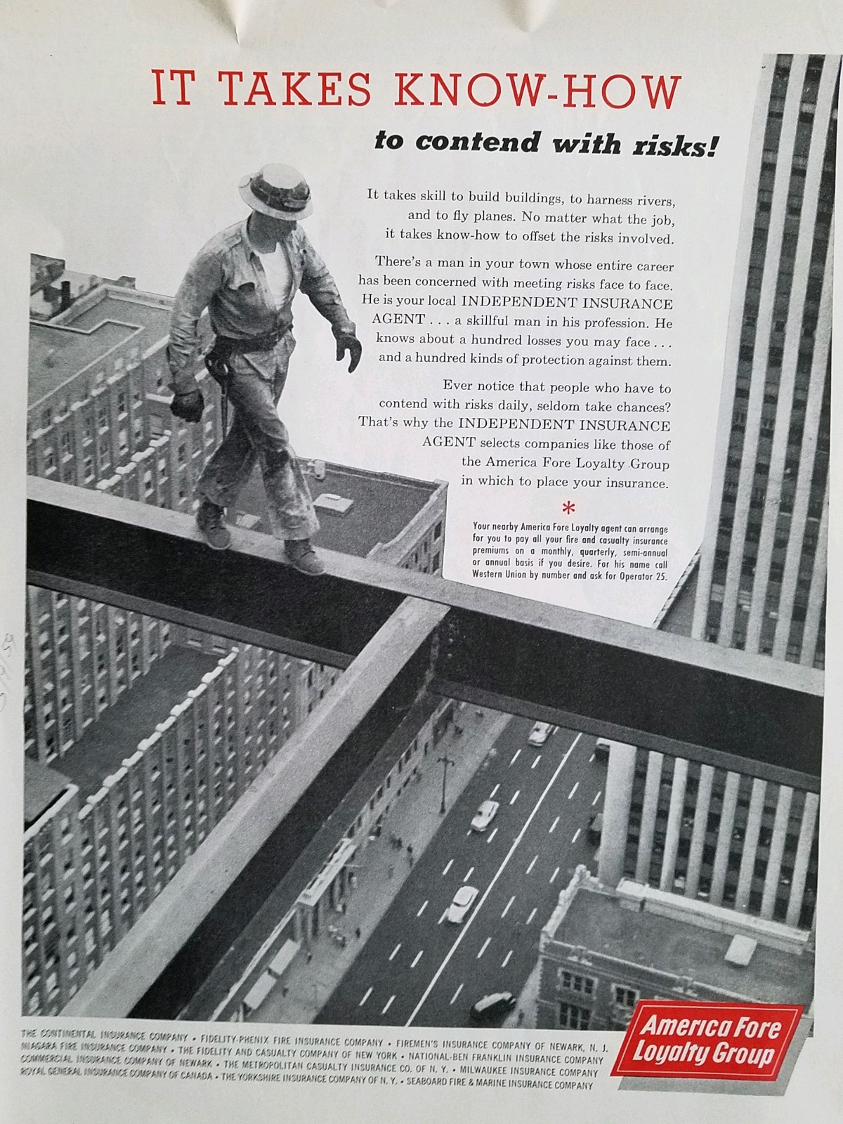 1959 America fore loyalty Insurance Group man worker balancing beam vintage ad