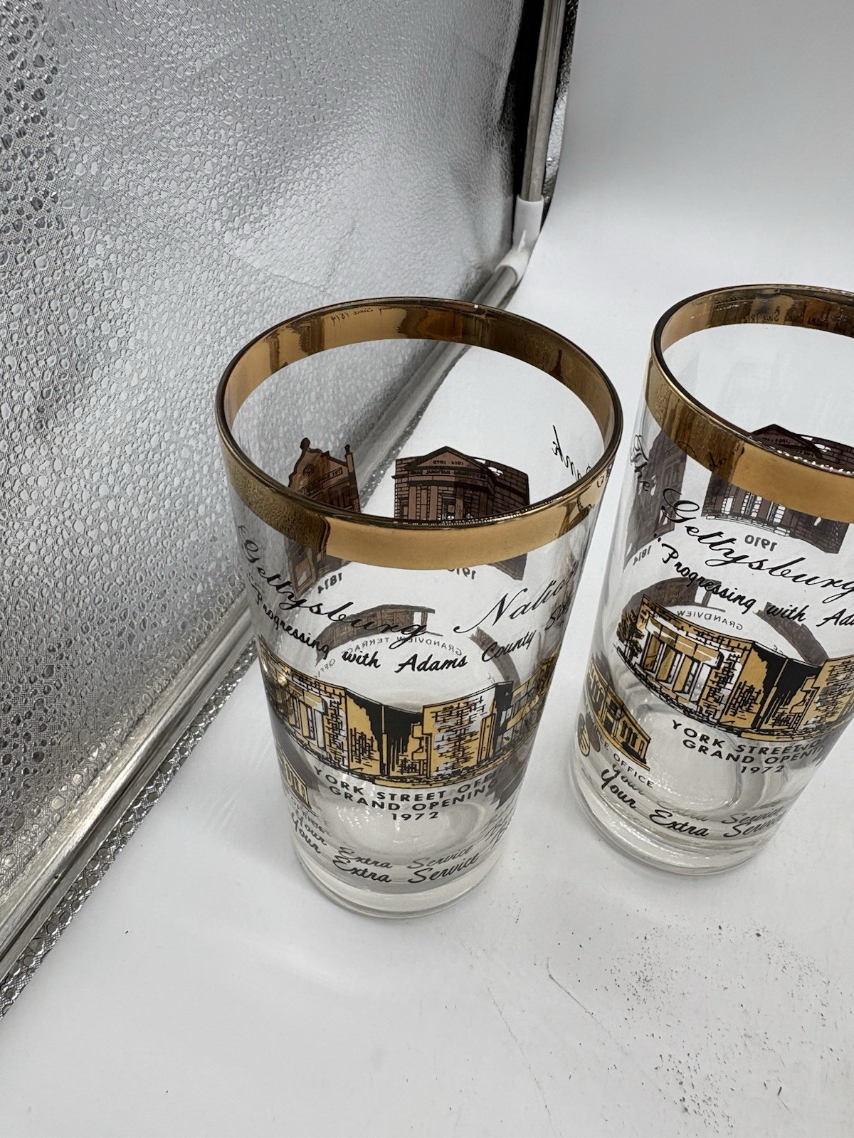 Lot Of 2 GETTYSBURG NATIONAL BANK GLASS GOLD YORK ST 1972 BIGLERVILLE GRANDVIEW