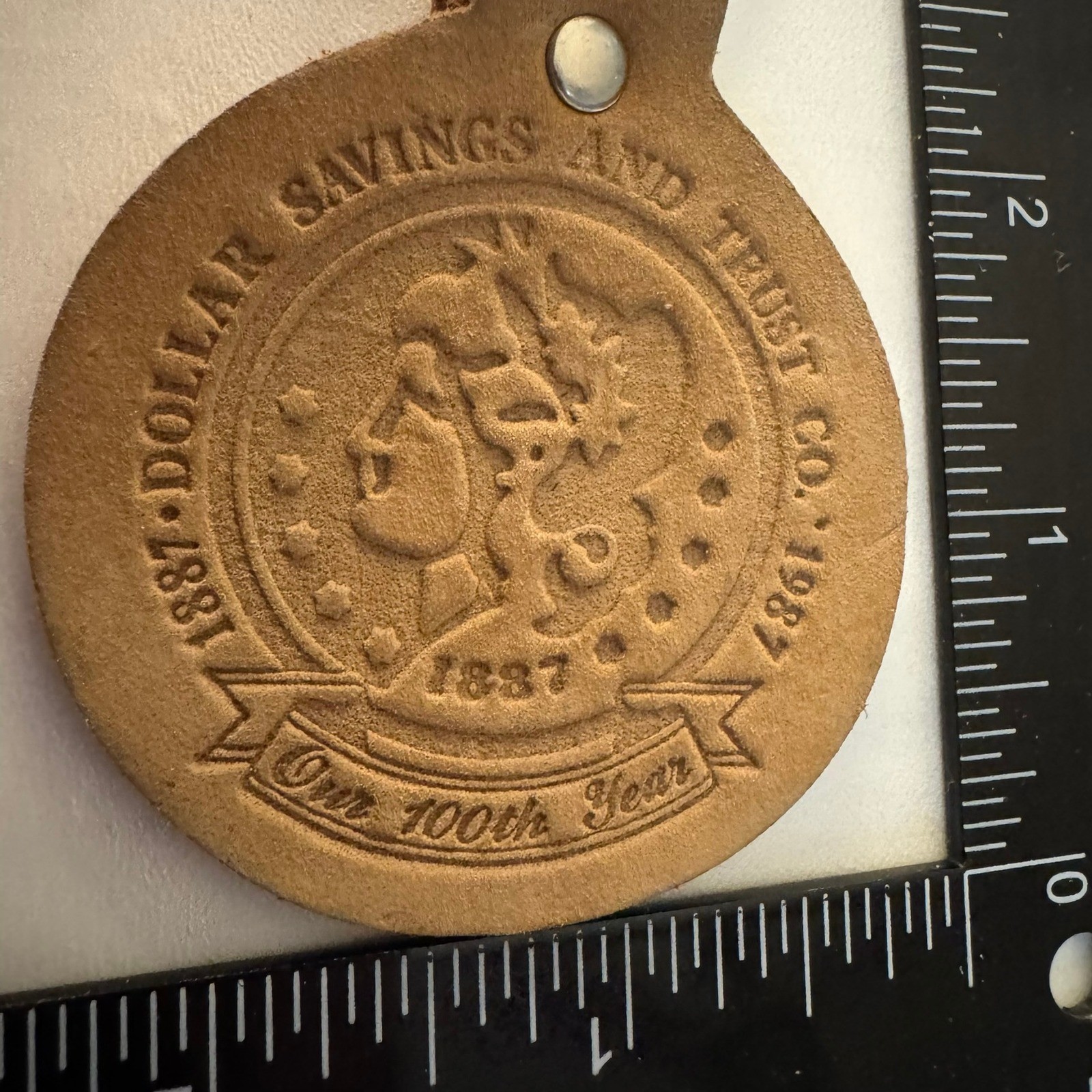 Vintage 1887-1987 Dollar Savings Trust Co Leather Keychain 100th Year
