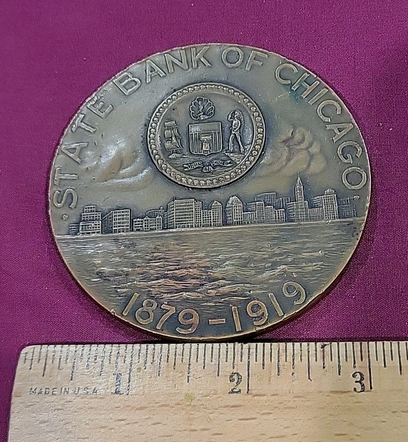 1919 State Bank of Chicago Brass/Bronze Advertising Paperweight 3″ 40th Anniv
