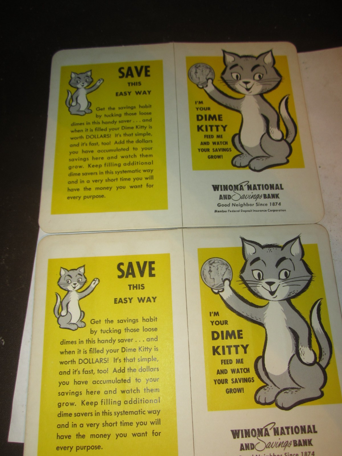 Vintage Dime Kitty Coin Saver Card WINONA NATIONAL AND SAVINGS BANK Lot Of 2