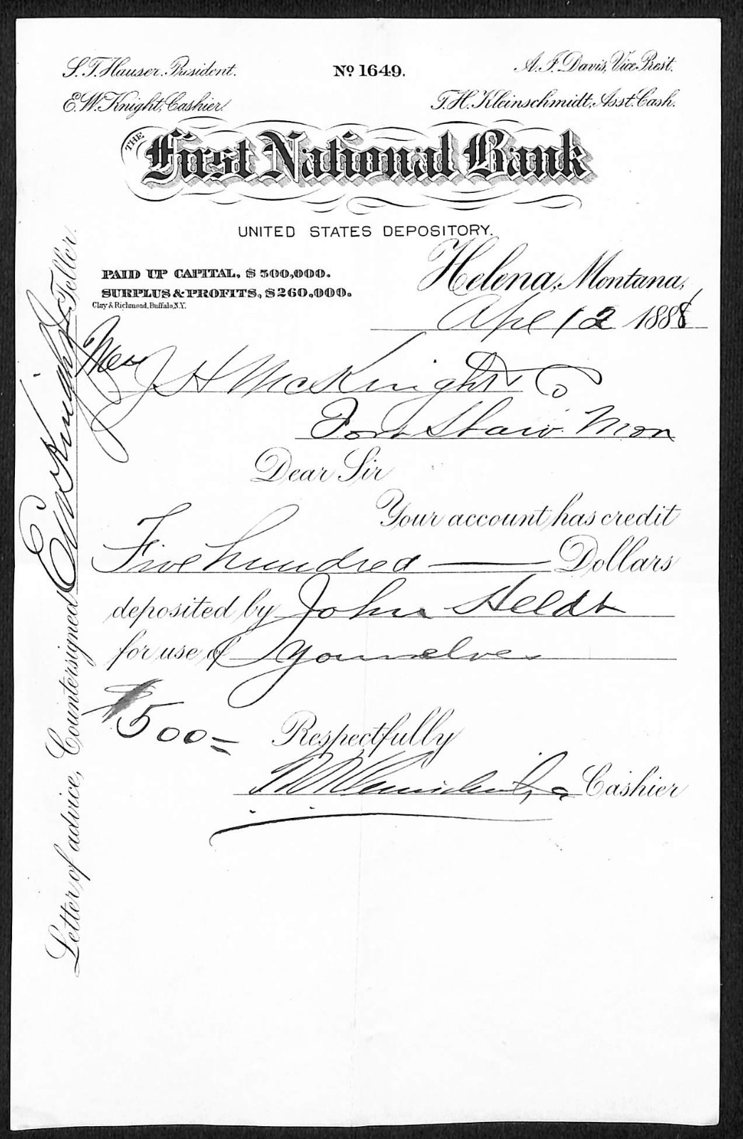 FNB Pioneer National Bank of Montana 1888 Helena Receipt E.W. Knight* (#6)
