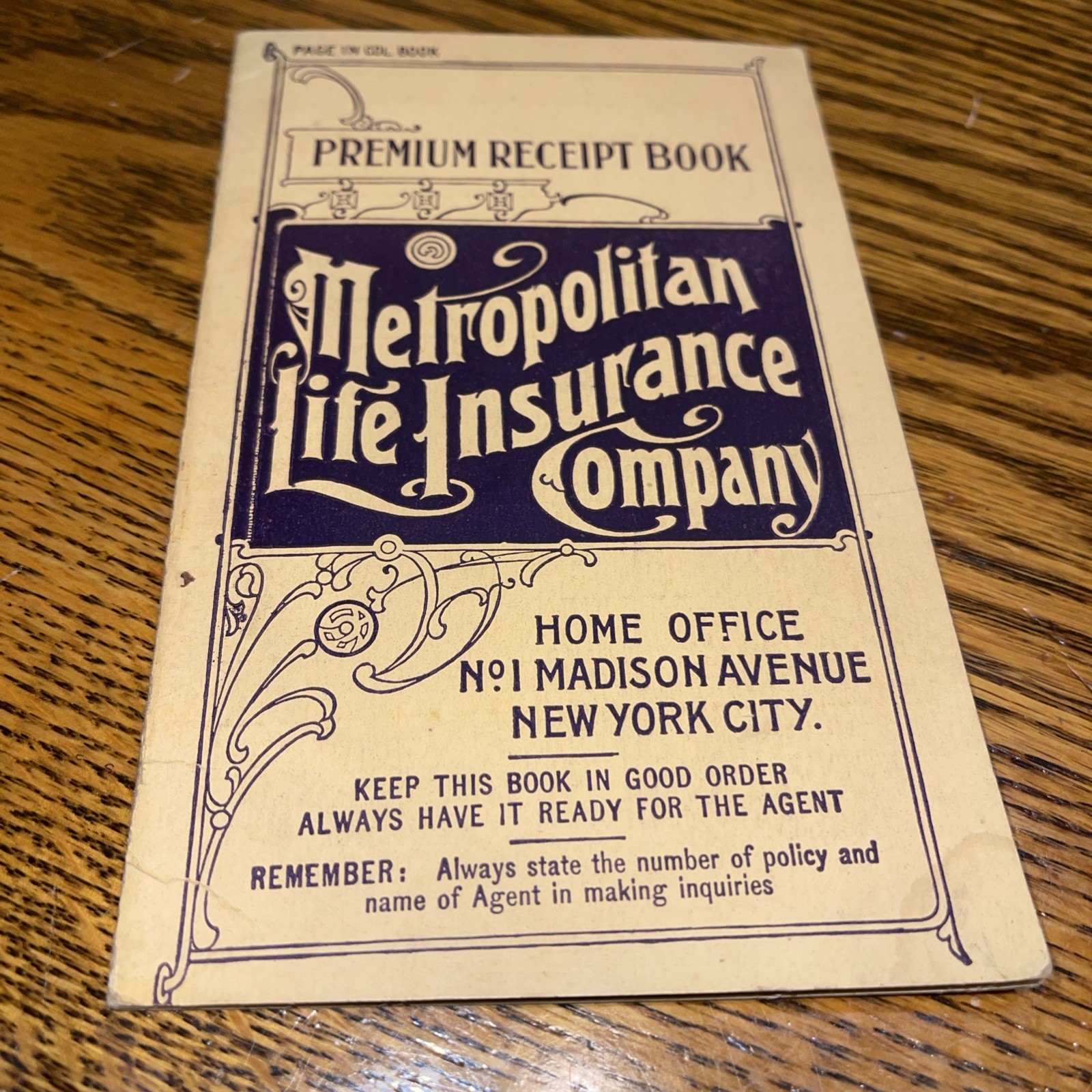 Vtg Antique 1916 Metropolitan Life Insurance Company Receipt Book New York City