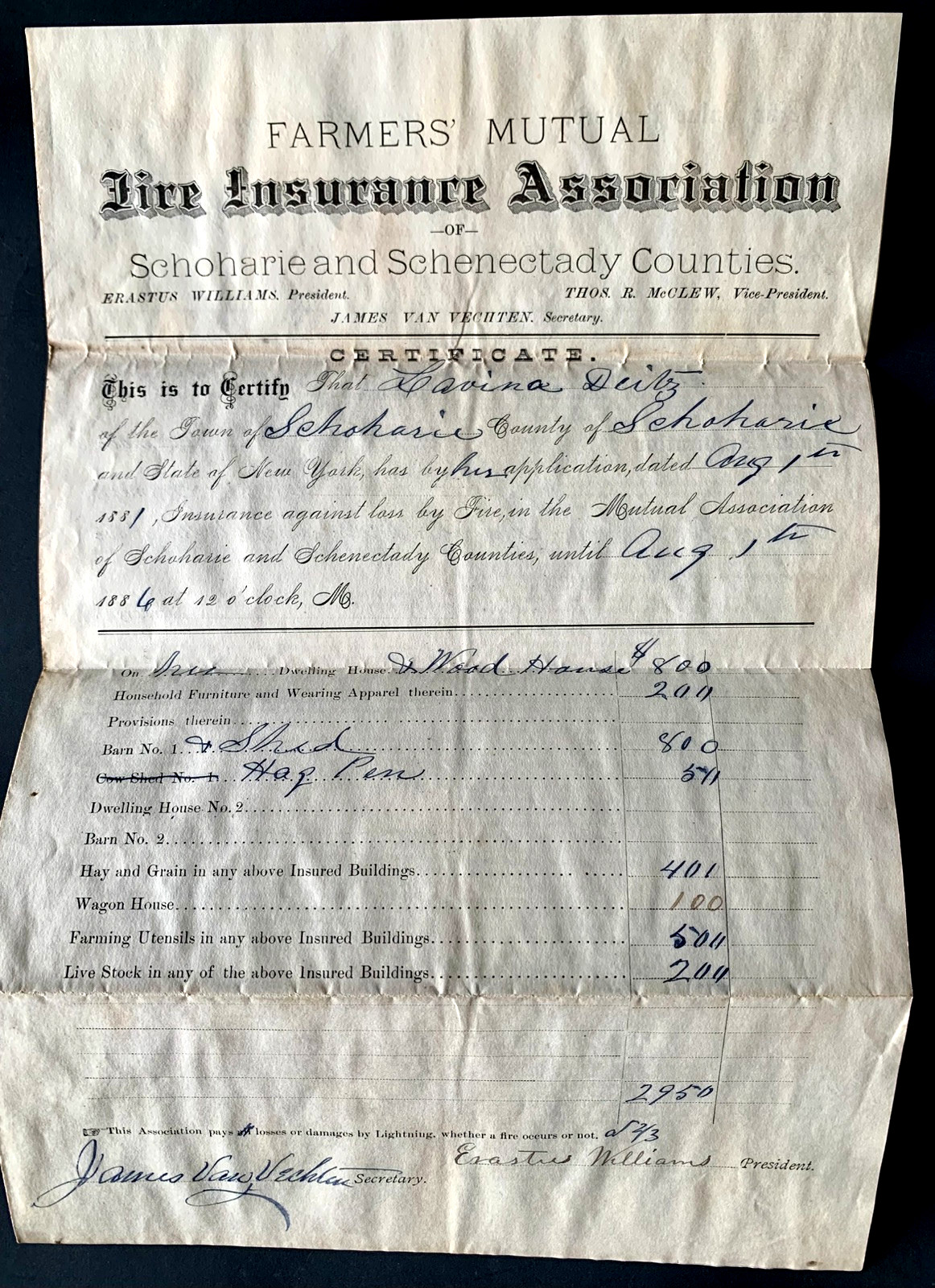 FARMERS’ MUTUAL FIRE INSURANCE CO. POLICY AUGUST 1, 1881 SCHOHARIE SCHENECTADY