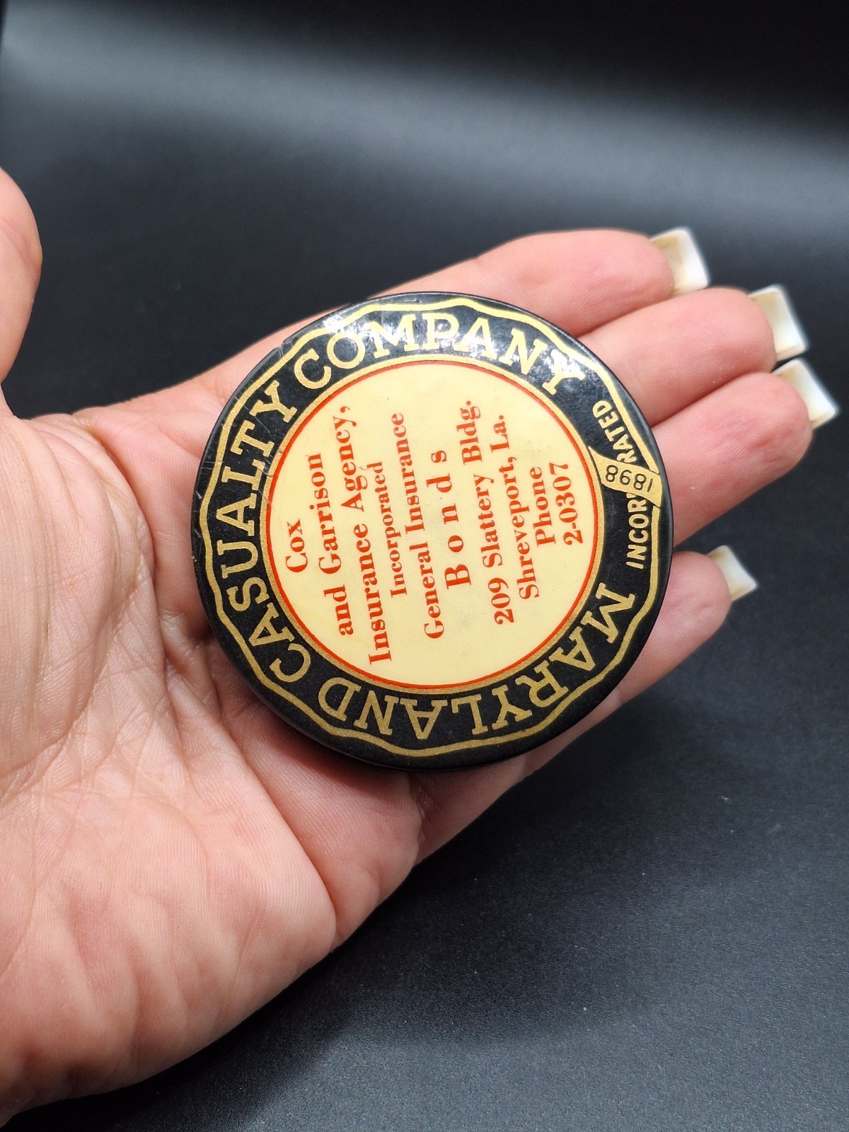 1920-30s Lima Ohio Maryland Casualty Insurance Co Celluloid & Metal Paperweight