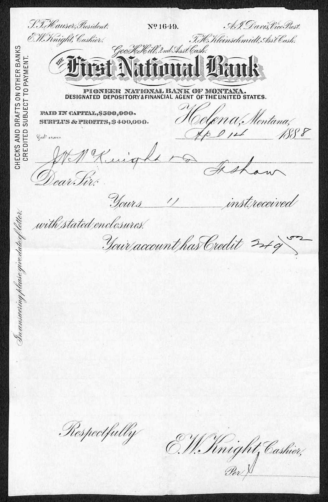 FNB Pioneer National Bank of Montana 1888 Helena Receipt E.W. Knight* (#7)