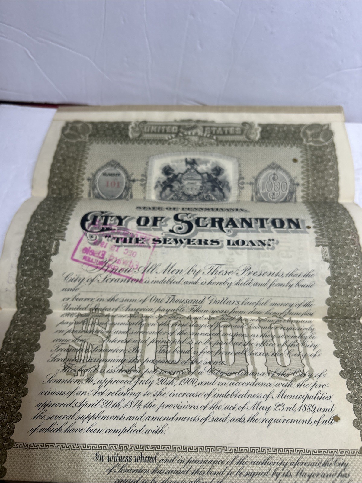 $1000 Bond City Of Scranton June , 1st 1915 SCRANTON,PA