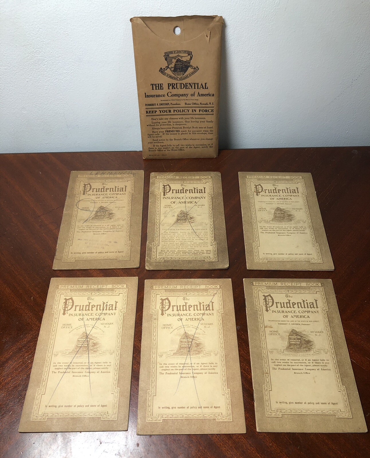 1916-18 Six (6) Prudential Insurance Premium Receipt Books w/Envelope, Entries