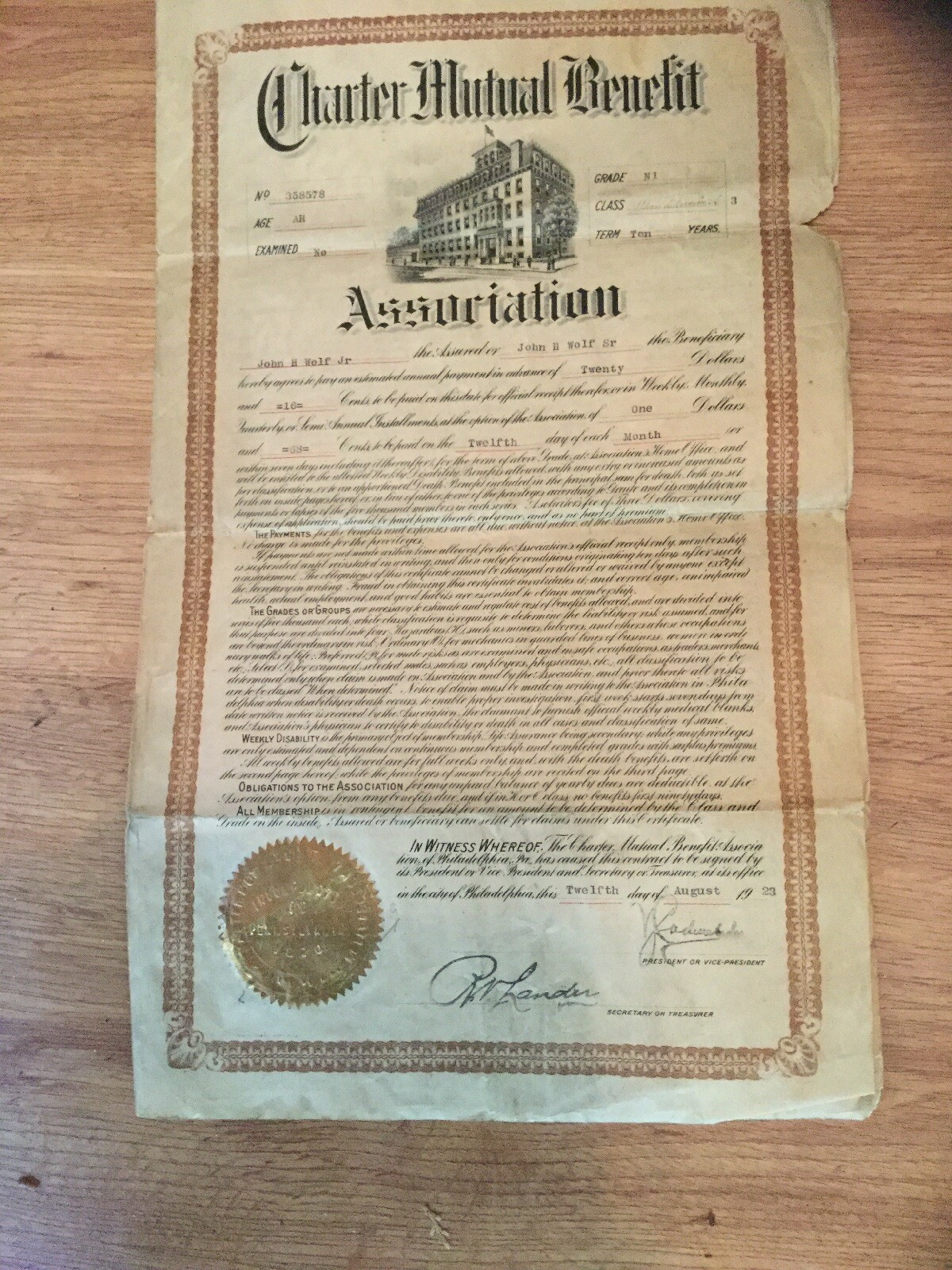 1923 Insurance Policy from Charter Mutual Benefit Association Philadelphia