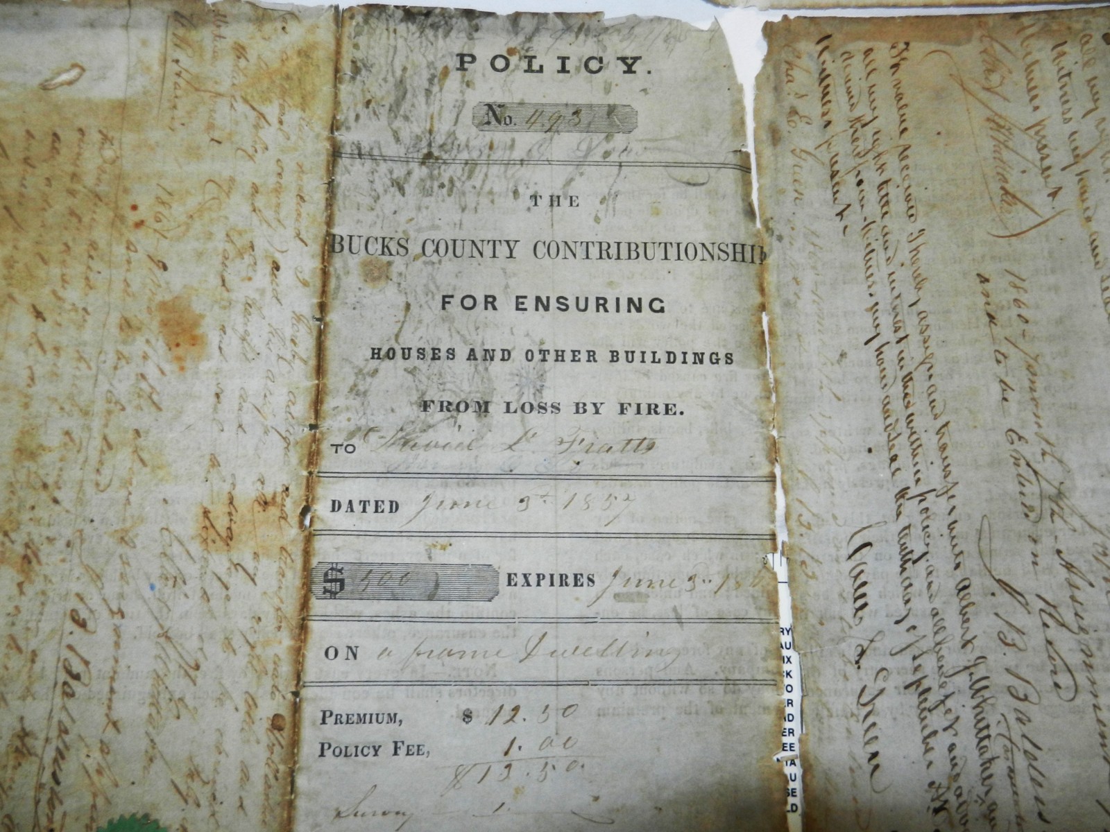 Antique Bucks County Contributionship Fire Insurance Policy issued 1857