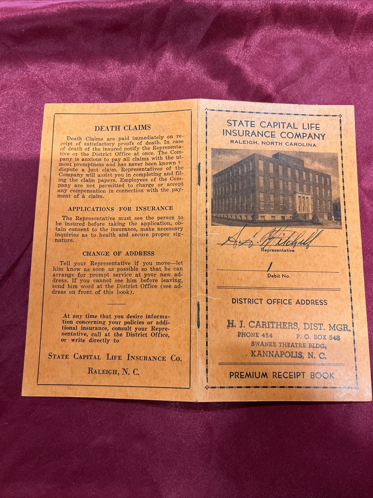 Vintage 1946 State Capital Life Insurance Company Premium Receipt Book