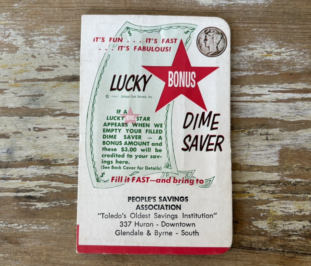 Vintage dime coin saver Lucky Bonus Peoples Savings bank Toledo Ohio 1950’s