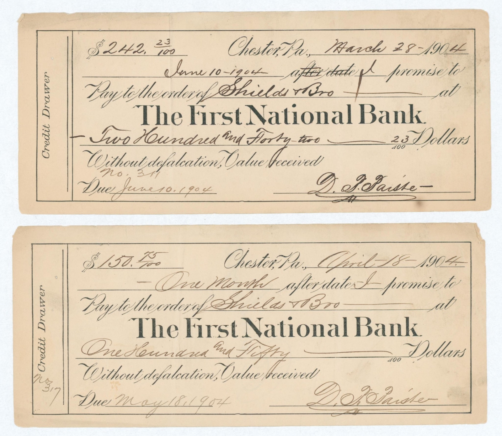 1904 Pair First National Bank Chester PA Promissory Promise To Pay Note Draft US