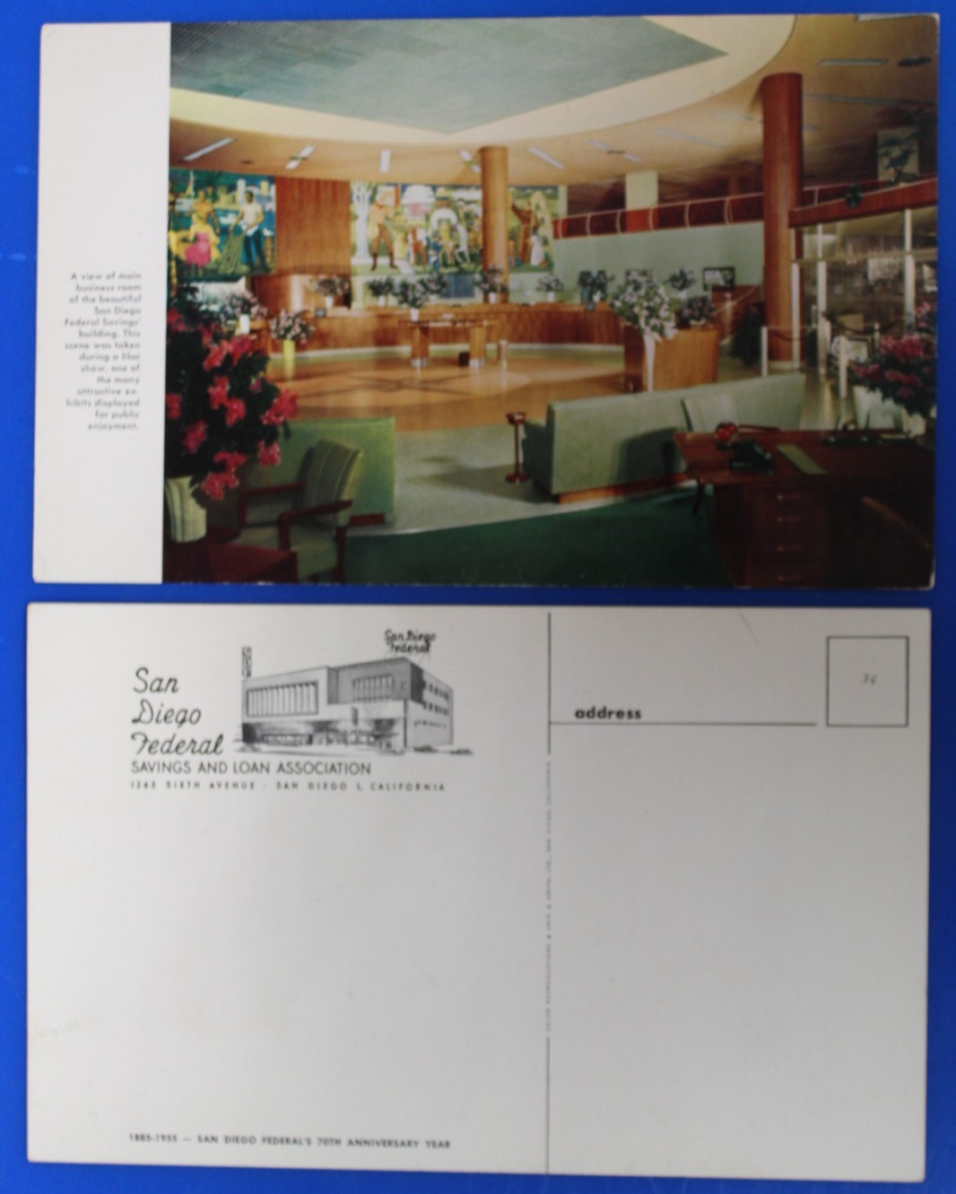 San Diego Federal Savings and Loan Oversized Postcard -Main Business Room