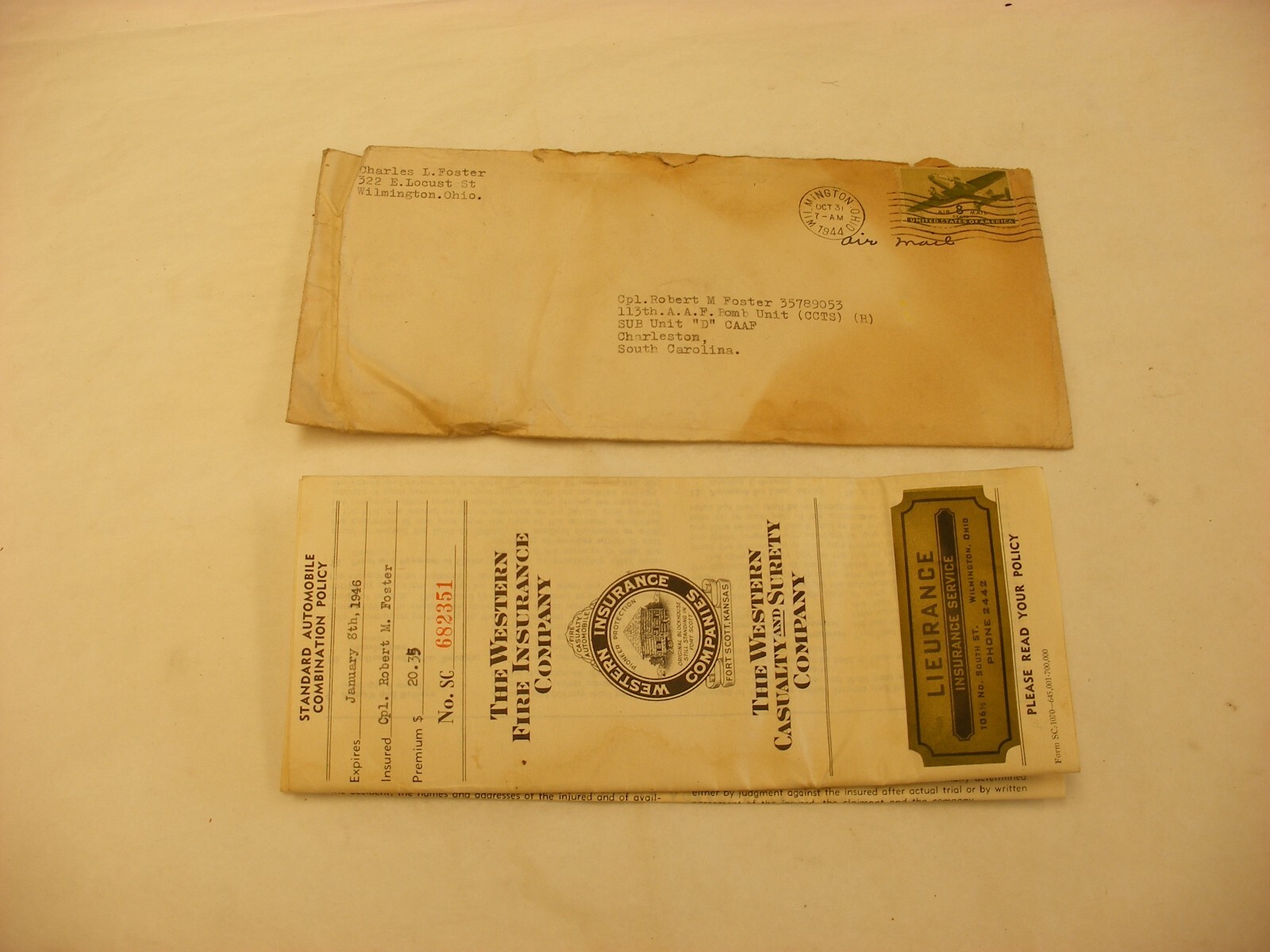 Vtg 1944 WW2 Western Fire Insurance Co Automobile Policy Lieurance Wilmington OH