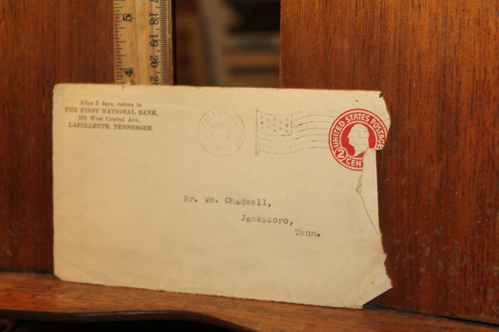 Vintage LaFollette Tennessee First National Bank Front of Envelope 1927
