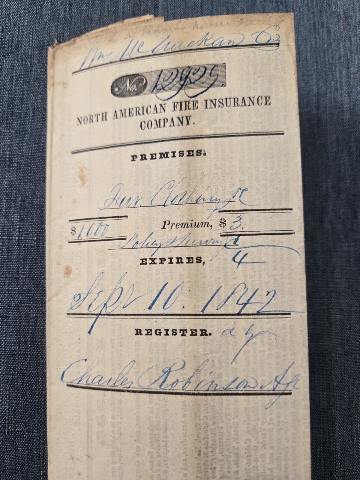 1842 NORTH AMERICAN FIRE INSURANCE COMPANY William McCracken of New Haven CT