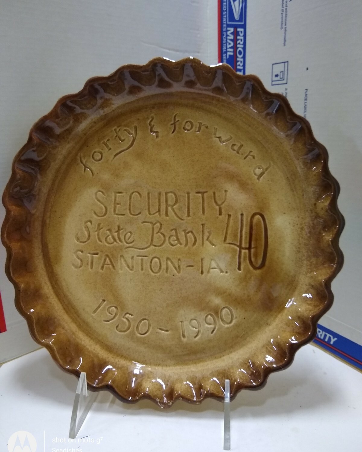 Security State Bank Stanton Iowa 40 & Forward 1950-1990 Pottery Pie Plate