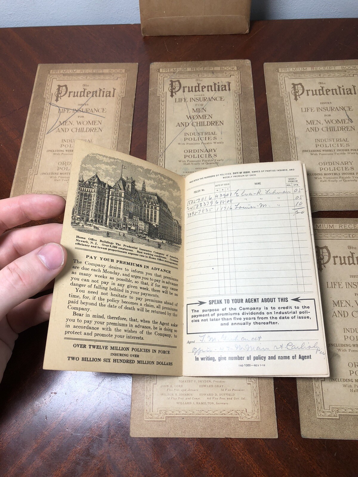 1916-18 Six (6) Prudential Insurance Premium Receipt Books w/Envelope, Entries