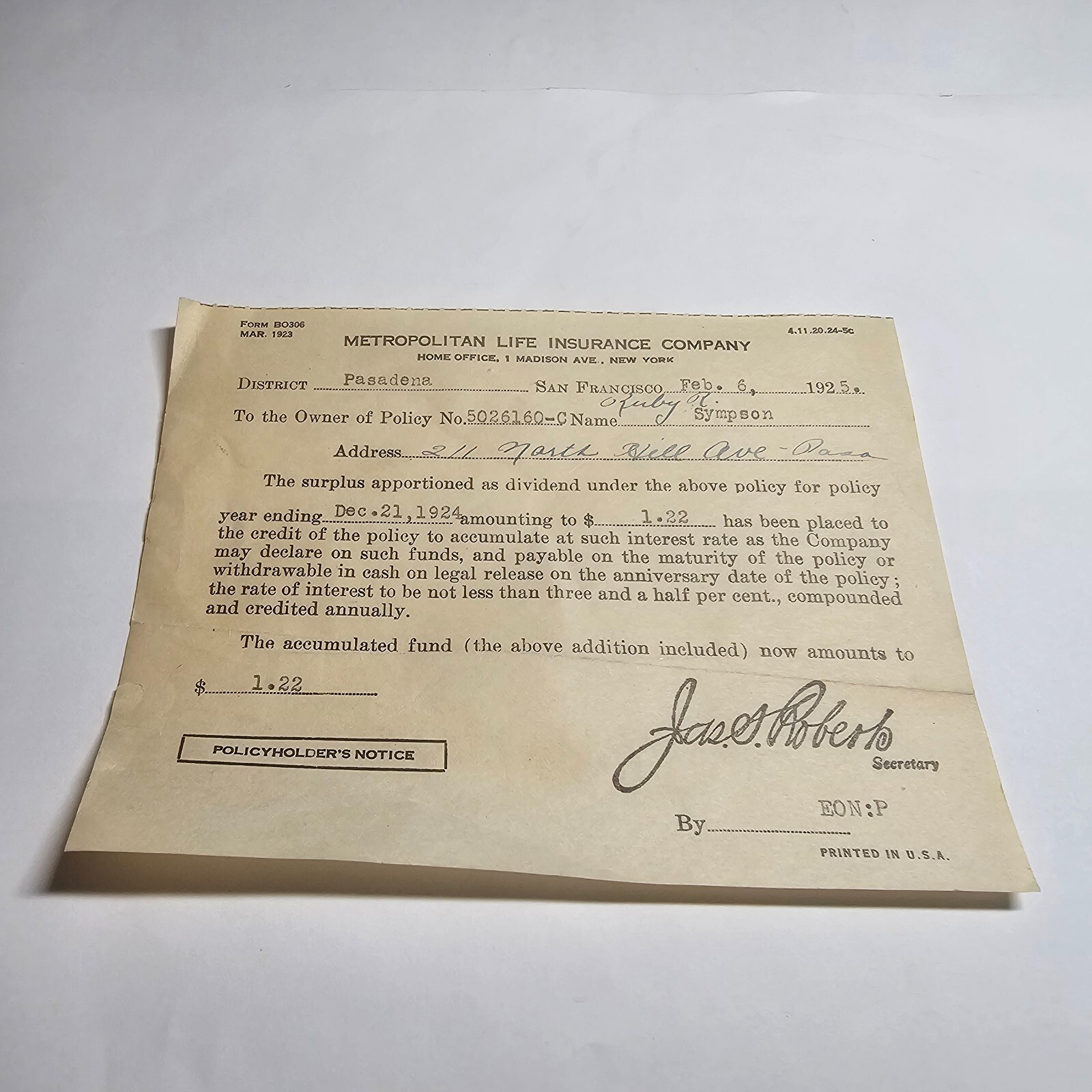 1925 METROPOLITAN LIFE INSURANCE COMPANY PAPER DIVIDEND FUND DOCUMENT PASADENA