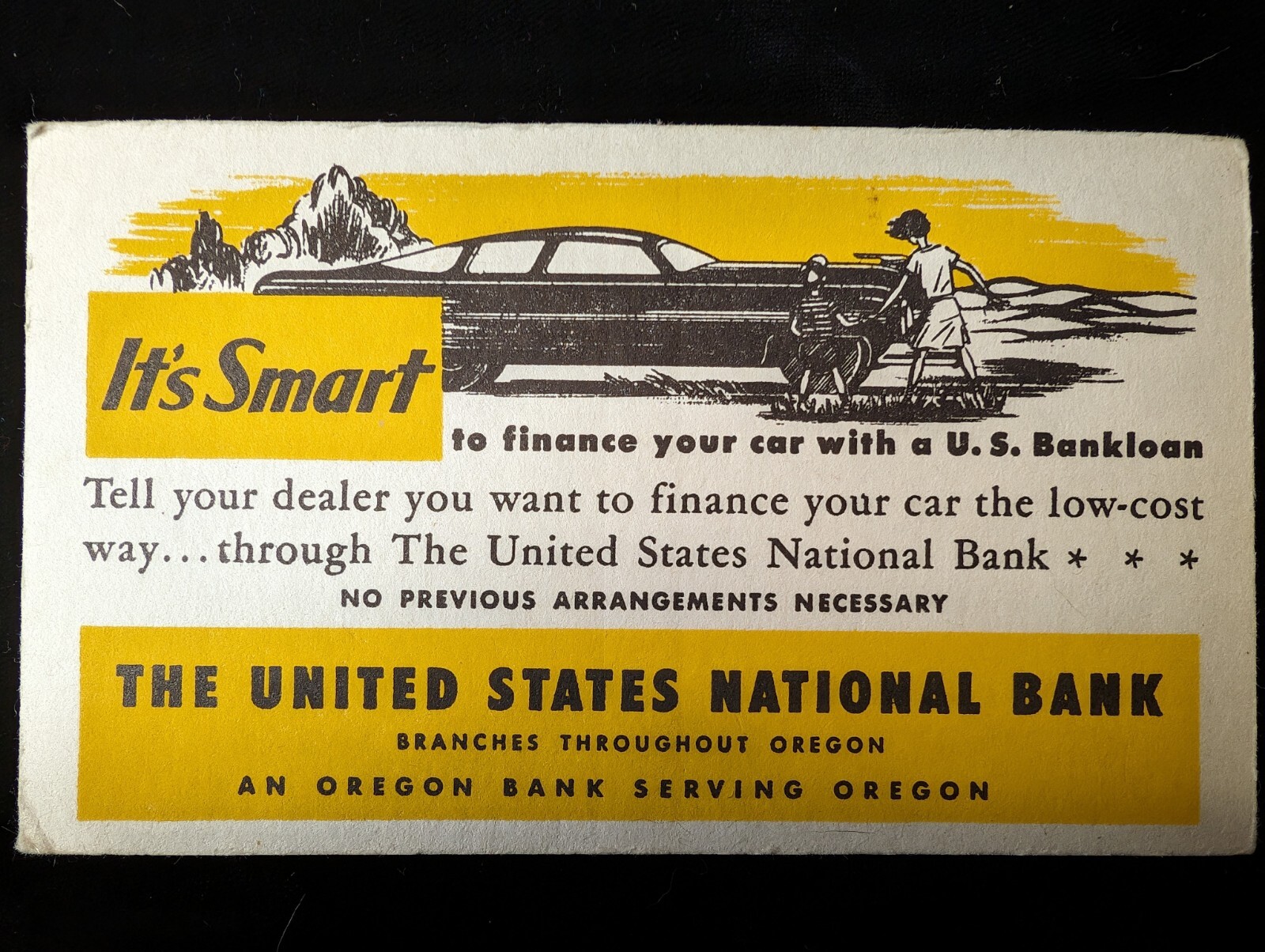 The United States National Bank Oregon Car Loan Advertisement Circa 1950s Yellow