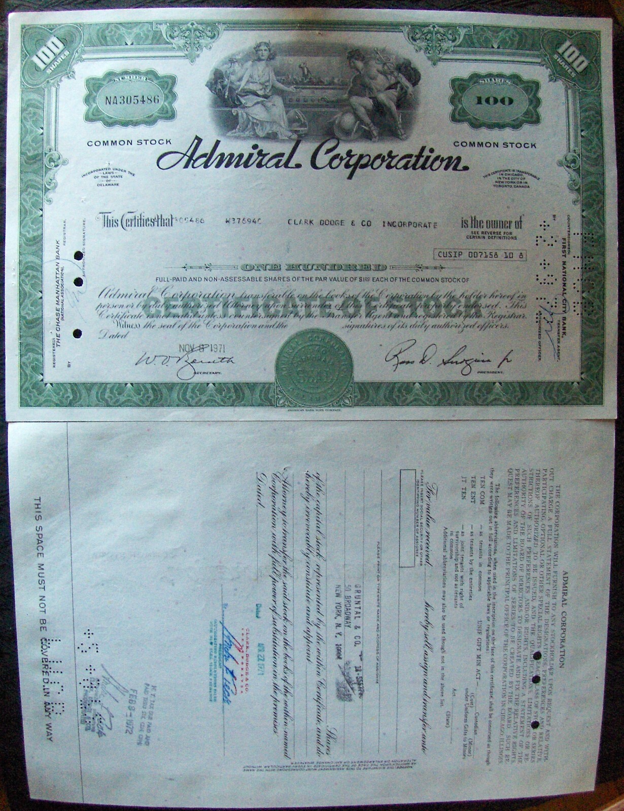 Admiral Corporation stock certificate Payee CLARK DODGE & Co Inc 1971.