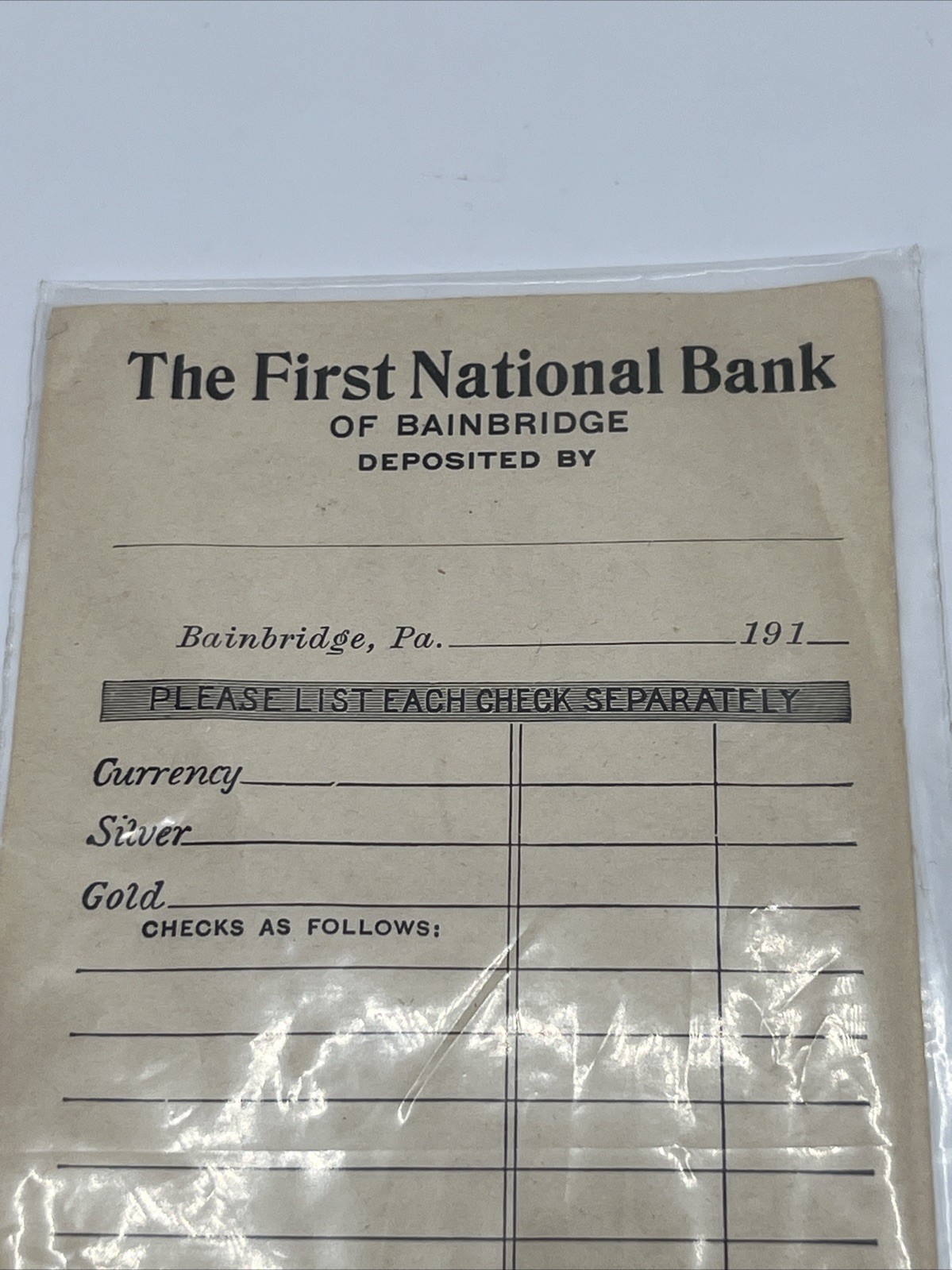 The First National Bank Bainbridge PA Deposit Slip Note 1910’s FREE SHIPPING