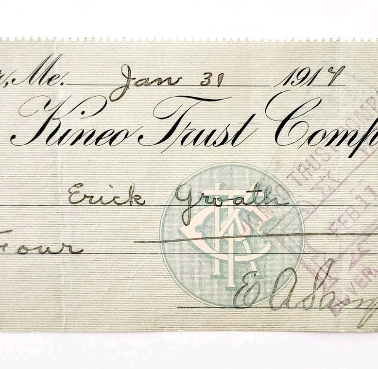 1914 Kineo Trust Company Bank Check E.A. Sampson Dover Maine Signed 6058 CHX11