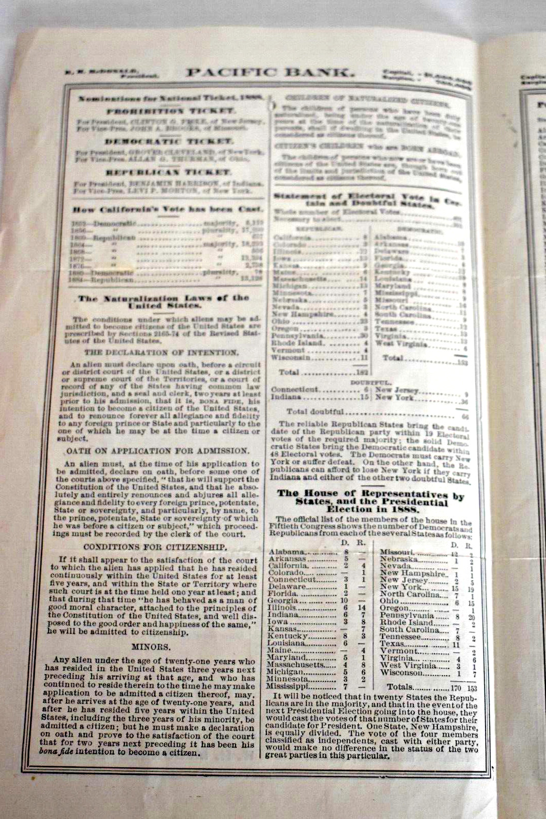 Antique 1888 PACIFIC BANK – San Francisco CA. Ad Statement July 1 for Voters