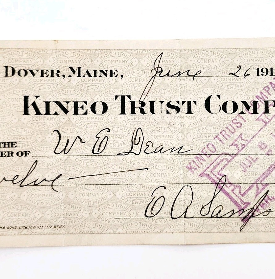 1915 Kineo Trust Company Bank Check E.A. Sampson Dover Maine Signed 7106 CHX13