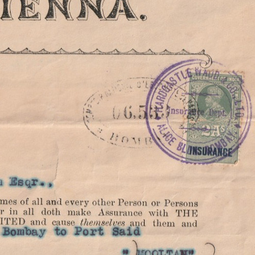 INDIA-ENGLAND Rare Insurance Policy Tied KGV British Colony Stamp 2A. 1932