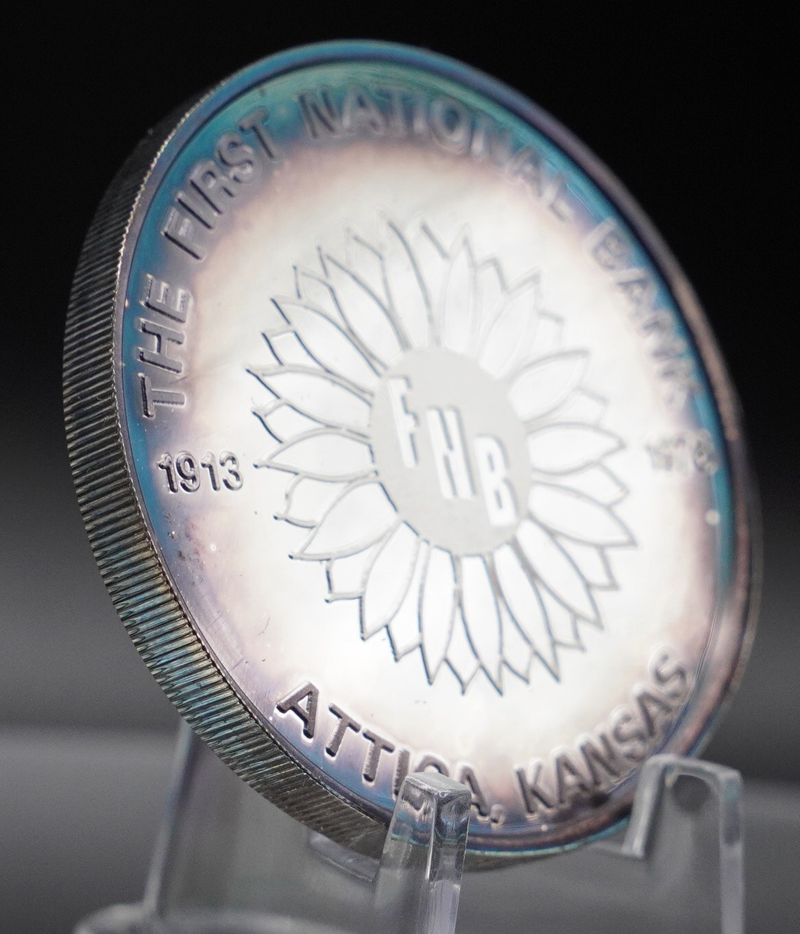1913 1976 1st National Bank Attica Kansas TONED 1oz 999 FINE Silver round C4752