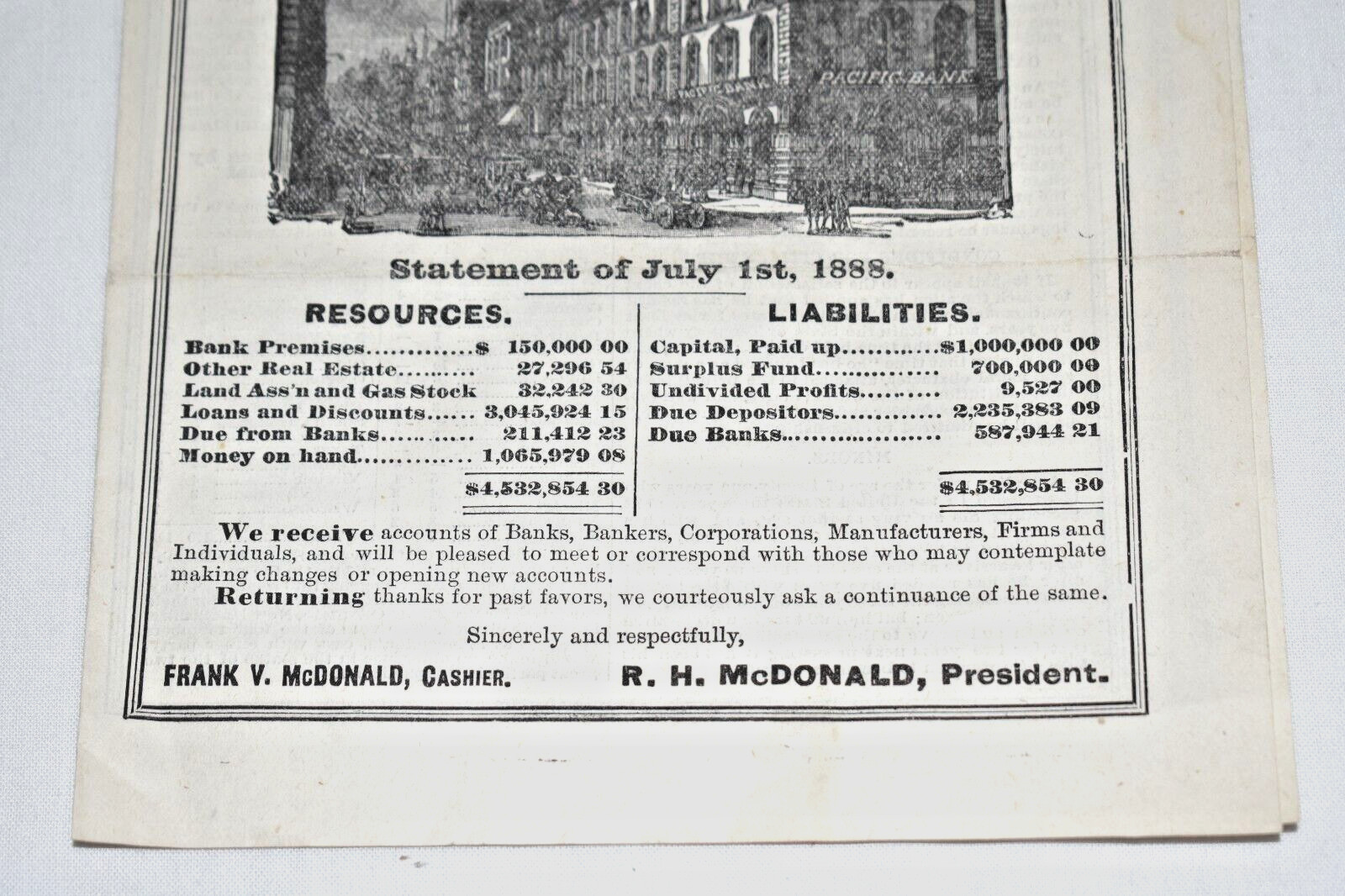 Antique 1888 PACIFIC BANK – San Francisco CA. Ad Statement July 1 for Voters