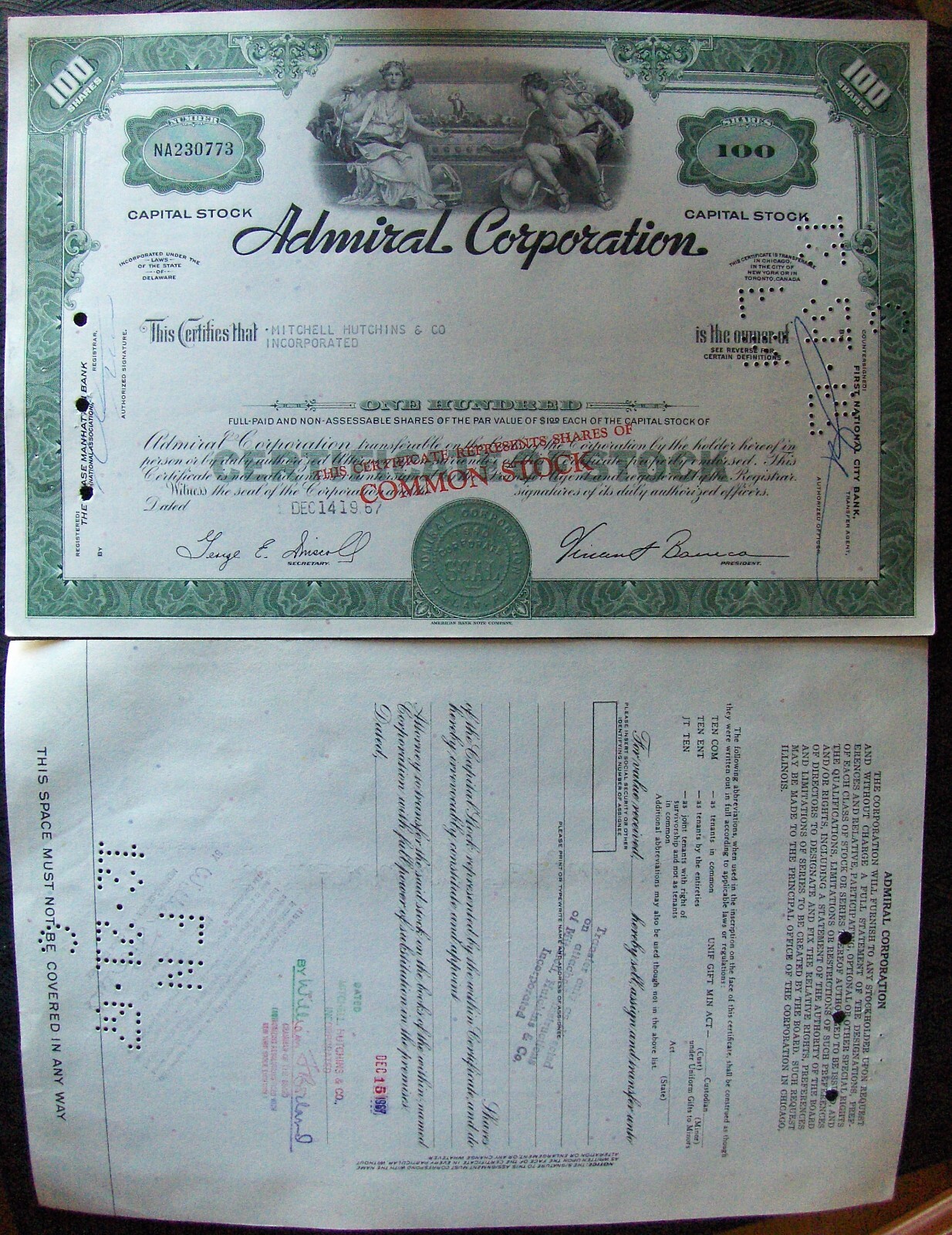 Admiral Corporation stock certificate Payee MITCHELL HUTCHINS & Co Inc 1967.